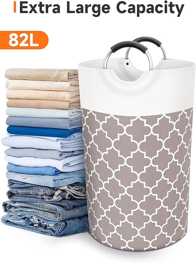 Large Laundry Basket Laundry Hamper Bag Washing Bin Clothes Bag Collapsible Tall with Handles Waterproof Travel Bathroom College Essentials Storage for College Dorm, Family (Khaki) 82L