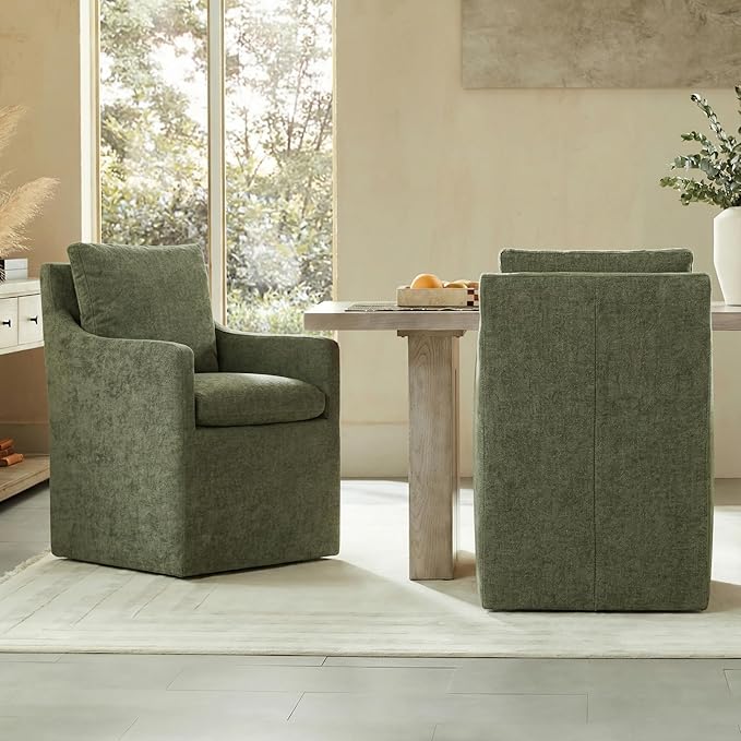 Upholstered Dining Chairs with Casters, No Assembly Modern Accent Armchair with Rollers for Dining Room, Bedroom, Living Room, Reading Room, Already Assembled, Green, 4 Box