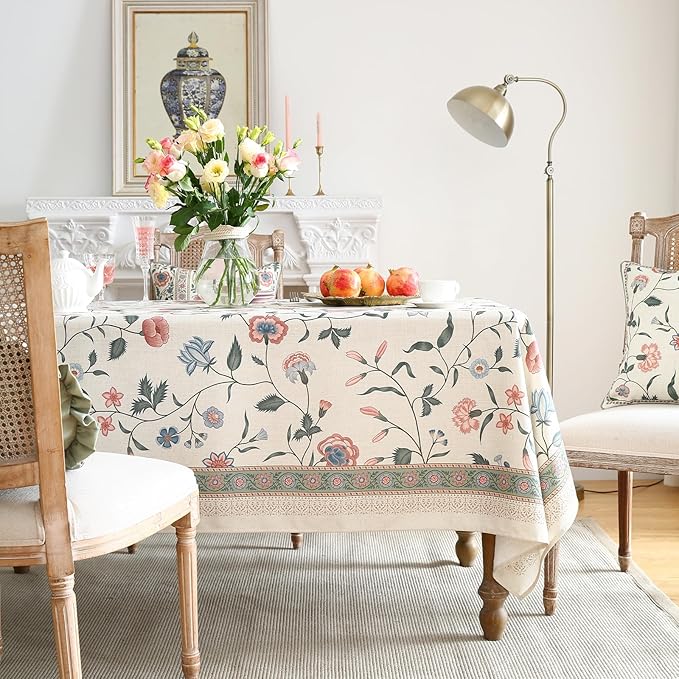 ISAENNE Designer Chinoiserie Linen Floral Extra Long Tablecloth Rectangle,White Wrinkle Resistant Table Cloth,Elegant Decor Tablecloths for Dining Thanksgiving Kitchen Party,63"*110"-Daffy