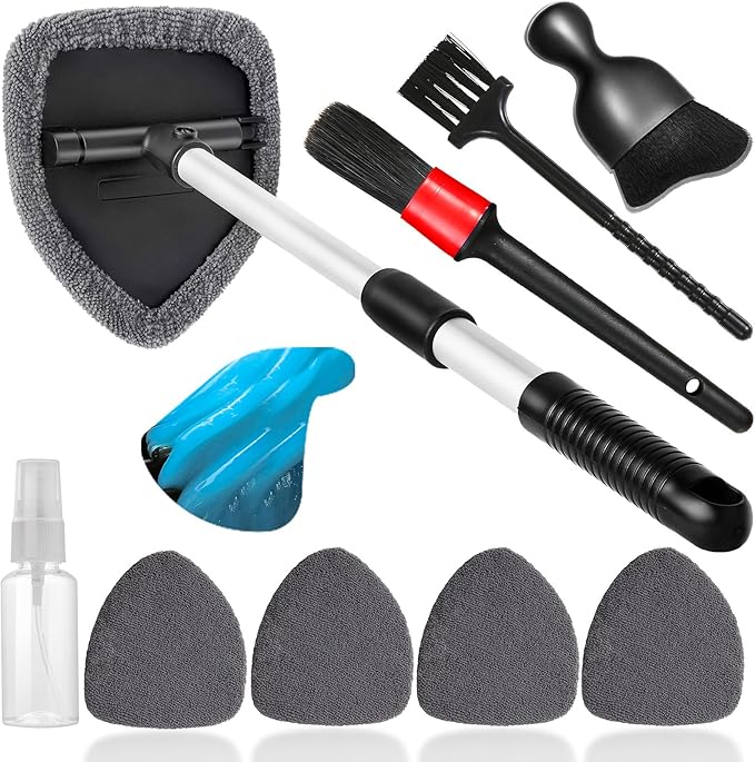 10pcs Windshield Cleaner Tool, Car Window Cleaning Wash Kit with 4 Reusable Microfiber Pads 1 Spray Bottle and Extendable Handle Auto Glass Wiper Kit, Gray