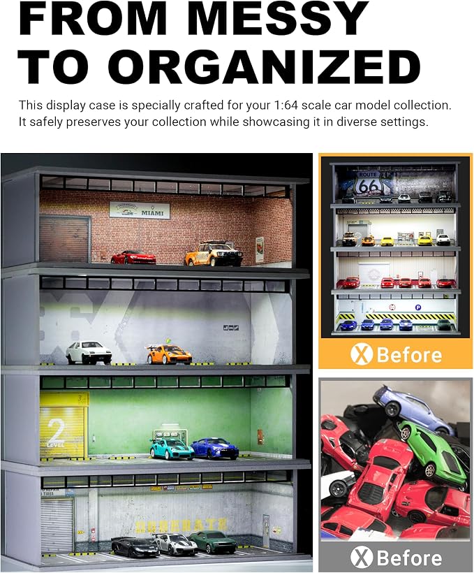 1/64 Scale Display Case Car Garage Moldel, Acrylic Cover Diecast Car Show Case with LED Light 6 Parking Spaces, Hot diecast Wheel Parking Scene (Vehicles Not Included) Car Repair Basement