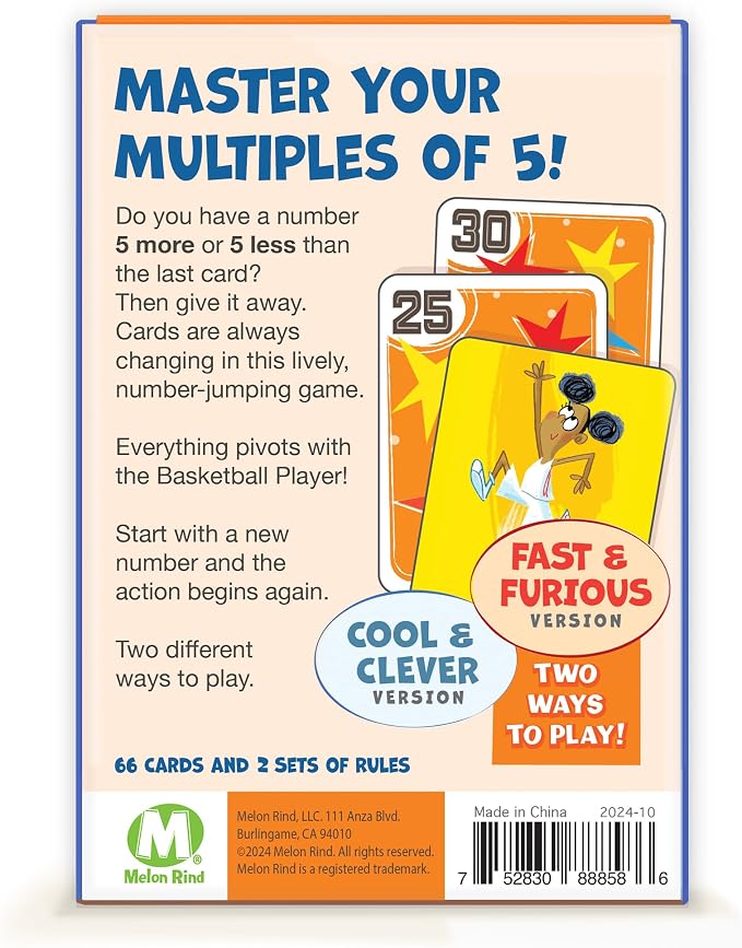 Melon Rind Jump 5, Math Game for Kids Learning Multiples of 5, Lively Basketball Themed Card Game, a Fun Math Activity for Boosting Confidence, Quick and Easy Screenless Fun, Ages 7+
