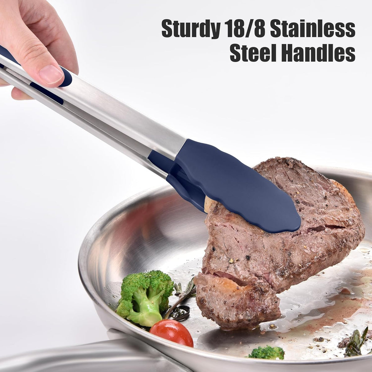 Doosu Kitchen Tongs for Cooking - 600°F Heat Resistant Food Tong with Non-Scratch Silicone Tips, Heavy Duty Stainless Steel Locking Tong for BBQ, Grilling Steak, Serving Salad Pasta (12in, Navy Blue)