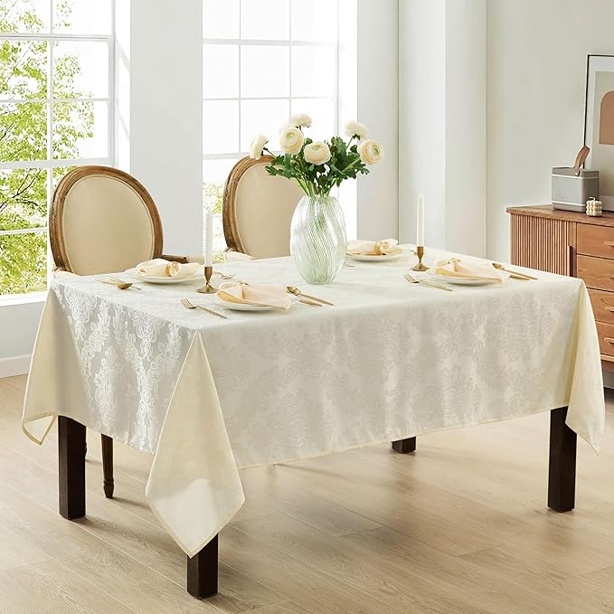Newbridge Barcelona Luxury Damask Fabric Tablecloth, 60” Wide x 144” Rectangle, Antique White, 100% Polyester, No Iron, Soil Resistant Dining Room, Party and Banquet Table Cover