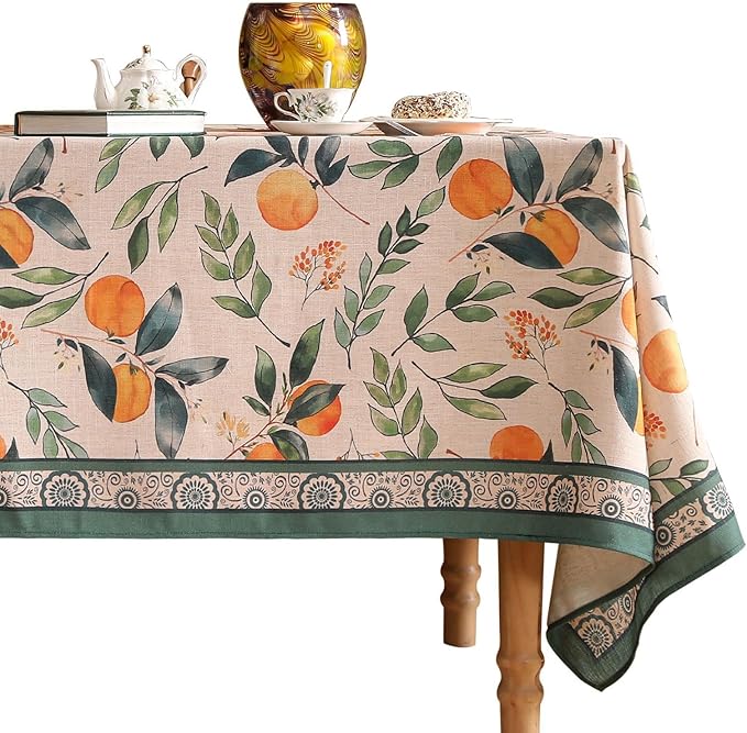 patdrea Designer Vintage Linen Long Rectangle Table Cloth,Framhouse Oranges and Leaves Pattern French Tablecloth,Fall Decor Cover for Kitchen Dining Christmas,Thanksgiving,63"x94"-Palladin a