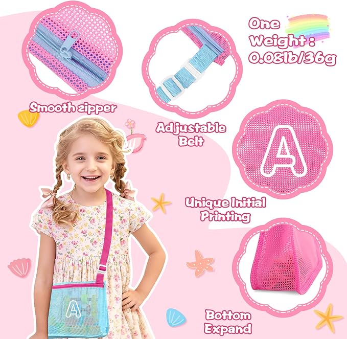 3Pcs Personalized Kids Beach Shell Bag, Initial Seashell Mesh Zipper Beach Pouch, Shell Collecting Bag for Holding Shells with Adjustable Straps, Sand Toys Swim Pouch Gift for Girl Boy Teens(Letter A)