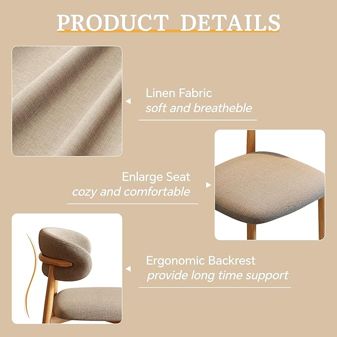 Dining Chairs Set of 2 for Kitchen Dining Table Mid Century Modern Farmhouse Upholstered Linen Dining Room Chairs with Metal Legs, Original Khaki