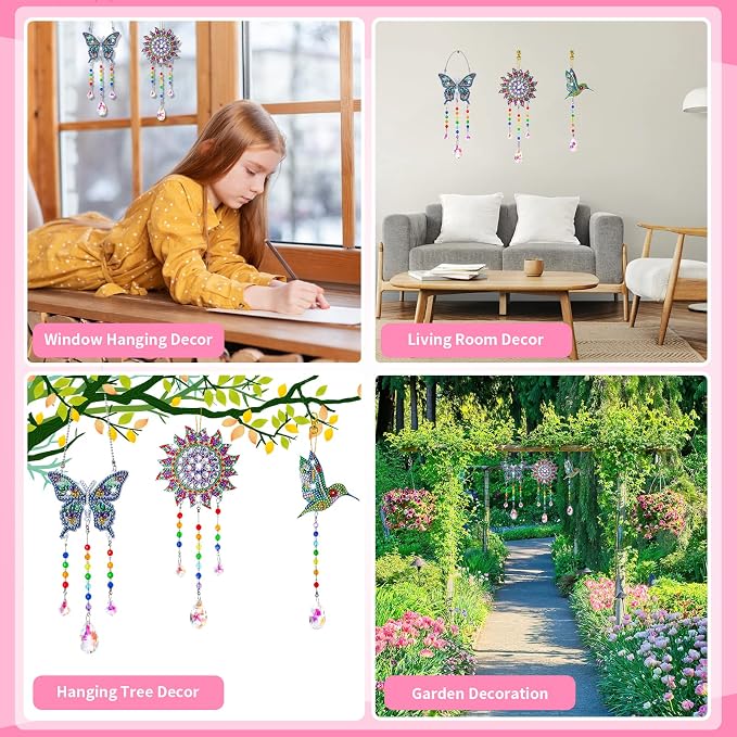 Crafts for Kids Ages 8-12, Birthday Gifts Presents for 6 7 8 9 10 11 Year Old Girls Diamond Painting Kits for Girl Toys Age 5-11 Teen Adults Wind Chimes Crystal Window Suncatcher for Home Garden Decor