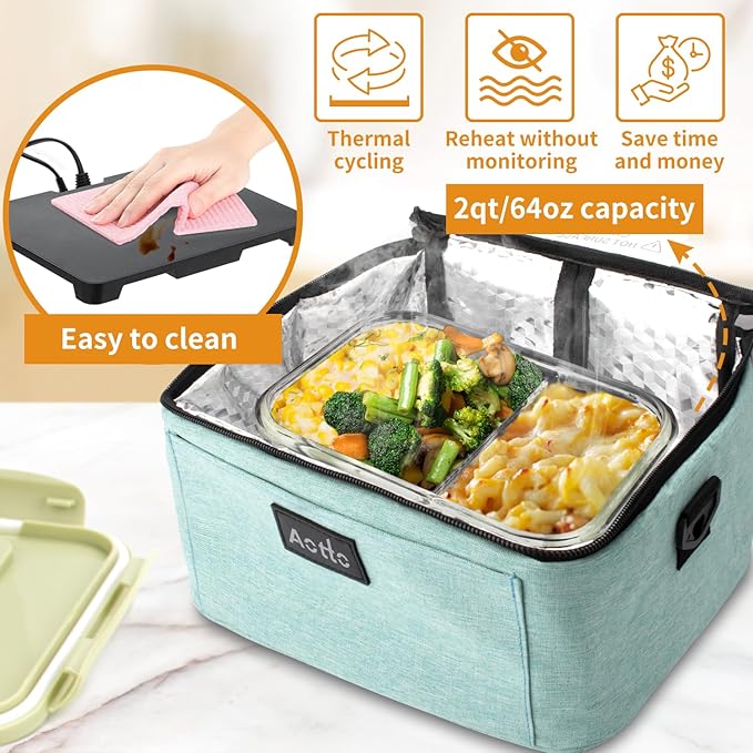 Aotto Portable Electric Lunch Box Food Heater, 12V/24V/110V 3-in-1 Car Food Warmer Heated Lunch Box for Adults, Cook, Reheat & Keep Meals Warm for Car, Truck, Travel, Work, Home - Lake Green