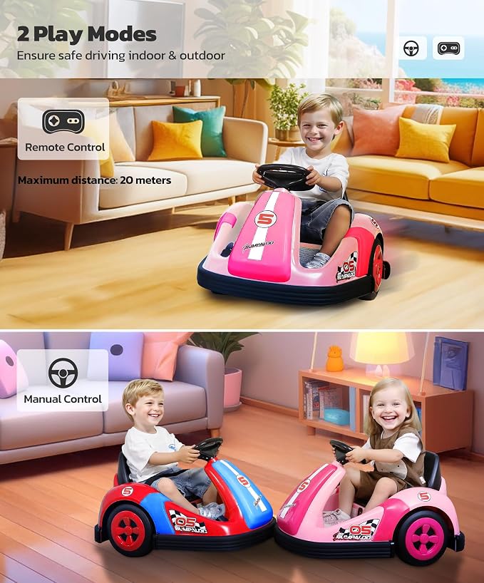 ELEMARA Toddler Bumper Car with Big Wheels, 2.2 Mph, Ride On Toys for Toddlers with DIY Stickers, 12v Electric Bumper Cars for Kids with Bluetooth,LED Light,Music for Indoor Outdoor,Peach Pink