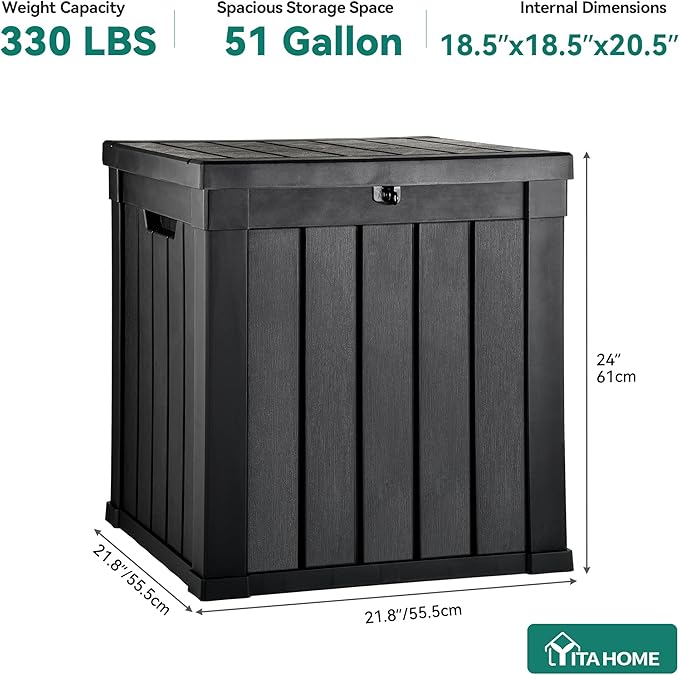 YITAHOME 51 Gallon Outdoor Storage Deck Box, Waterproof Resin Package Delivery and Storage Box with Lockable Lid for Patio Furniture Cushions, Pool Accessories, Garden Tools, Black