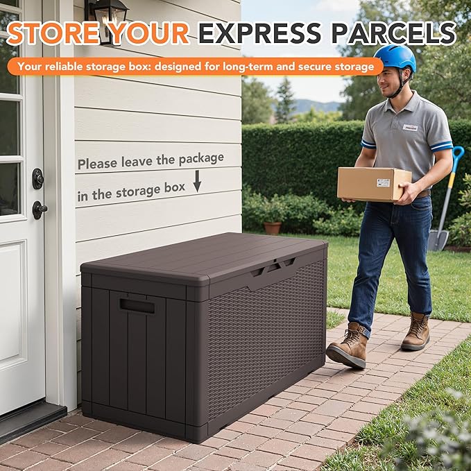 105 Gallon Deck Box Outdoor Indoor Waterproof Storage Box for Patio Furniture, Pool Accessories, Garden Tools, and Cushion Storage, Brown