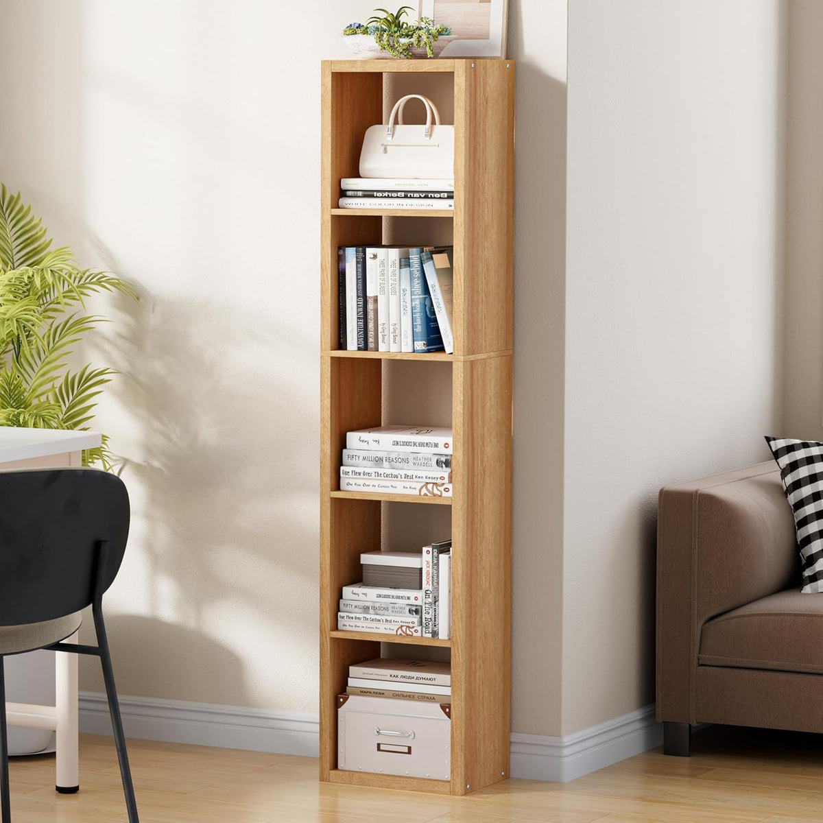 Tall Cube Storage Organizer Bookcase, 5 Tier 11 inch Open Back Cubical Shelf with Thickened Border, Display Bookshelf for Living Room, Home Office, Sturdy Room (Natural Oak, 5 Cube,Vertical)