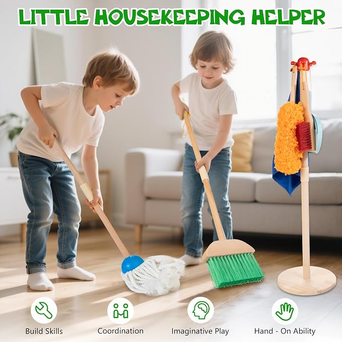Wooden Kids Cleaning Set with Spray Mop, Montessori Cleaning Toys Real Water Sprayer and Toddler Broom Mop Set, Housework Pretend Play Toy Gift for Boys Girls Ages 3+