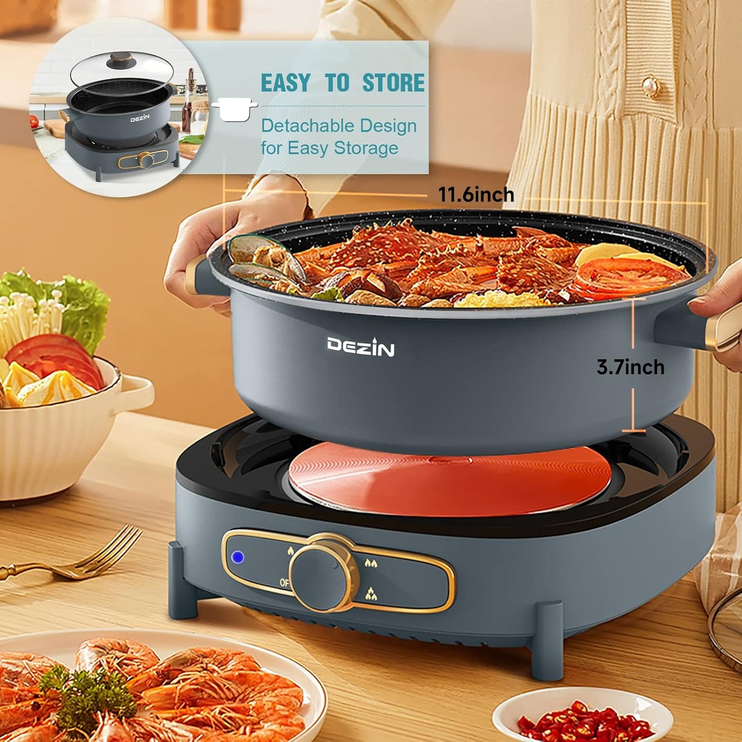 Dezin Electric Shabu Shabu Pot with Removable Pot, 5L Non-Stick Hot Pot Electric with Multi-Power Control, 3.7" Depth Electric Pot with Tempered Glass Lid for Party, Family and Friend Gathering
