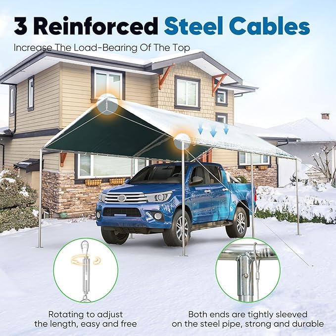 Quictent 10x15 ft Heavy Duty Car Canopy Galvanized Frame Carport Outdoor Party Tent Boat Shelter with 3 Reinforced Steel Cables - Green