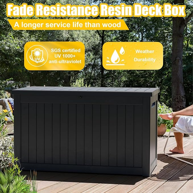 280 Gallon Outdoor Deck Box,Waterproof Resin Outdoor Storage Boxes, Outside Storage Lockable Container for Garden Tools,Indooor Cushions,Accessories (Black)