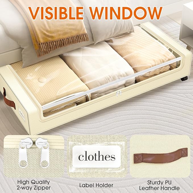 Under Bed Storage with Wheels 1Pack Underbed Storage with Clear Window&Label Under Bed Drawers Large Capacity Rolling Under Bed Storage for Clothes,Shoes, Blankets (Beige)