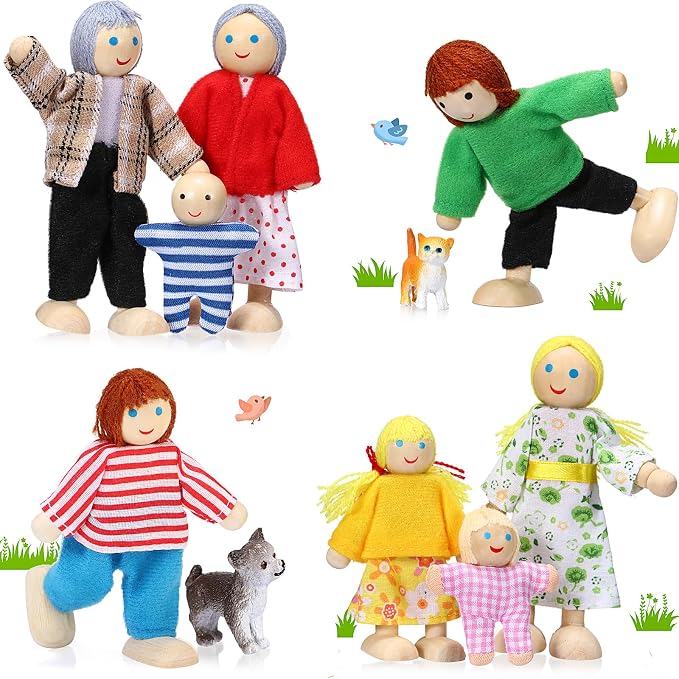 Skylety 10 Pcs Wooden Dollhouse Set of Mini People Figures Dollhouse Dolls Wooden Doll Play Figures Accessories(Bright Style)