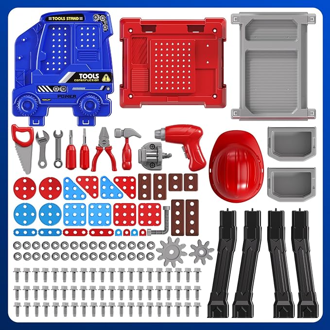Kids Tool Bench Set, 142Pcs Toddler Tool Toy Playset with Electric Drill & Realistic Tools, STEM Building Pretend Play Construction Toys for Boys, Toddlers Toys Gifts for Ages 3 4 5 6 7 Year Olds