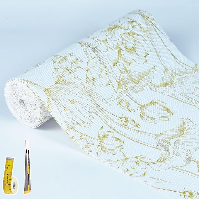 Shelf Liners Non Adhesive Light Base Gold Lotus Pattern - Thickened Non-Slip Easy to Clean Drawer Liner for Kitchen Cabinets, Tool Box, Refrigerator, with Knife & Tape Measure, 17in x 30FT
