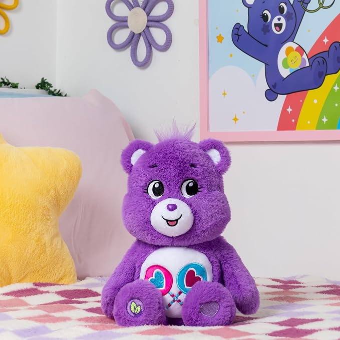 Care Bears 14" Share Bear Plushie - Medium Size - Purple Plush for Ages 4+ – Perfect Stuffed Animal Holiday, Birthday Gift, Super Soft and Cuddly – Good For Girls and Boys, Employees, Collectors