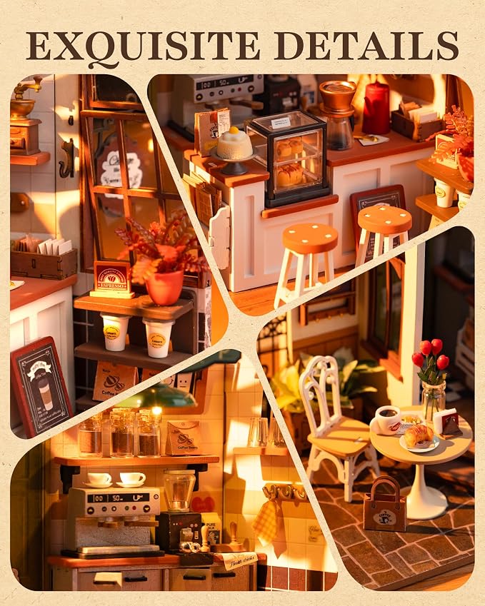 Rolife Miniature Dollhouse Kit, Coffee Shop Miniature Dollhouse Kits for Adults to Build, Wooden Mini House Model with LED Lights DIY Crafts Birthday Gifts and Hobbies Home Decor for Family Friends