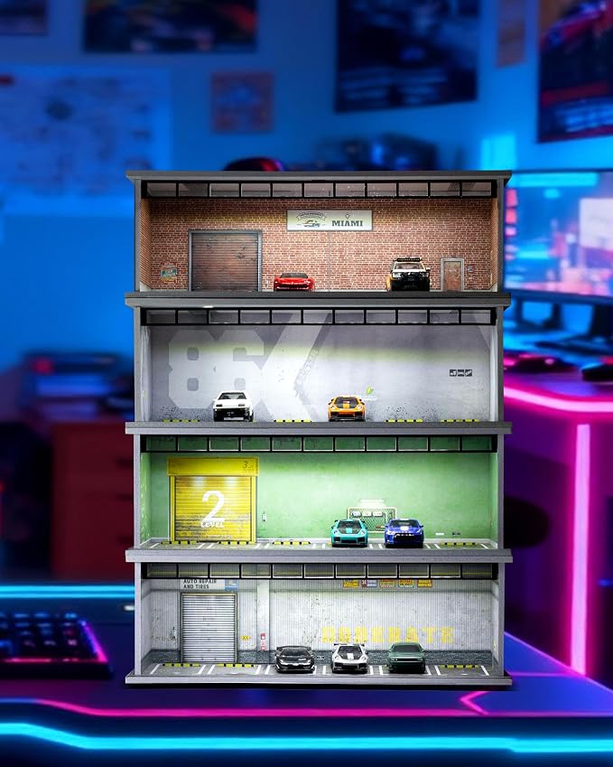 1/64 Scale Display Case Car Garage Moldel, Acrylic Cover Diecast Car Show Case with LED Light 6 Parking Spaces, Hot diecast Wheel Parking Scene (Vehicles Not Included) Wheels