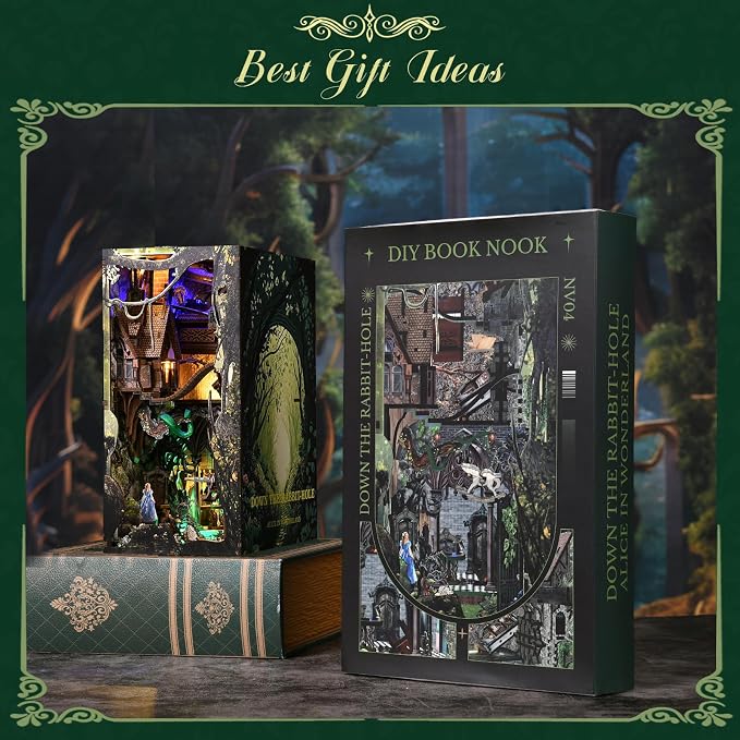MiniCity DIY Book Nook Kit for Adults, 3D Wooden Puzzle Bookend Bookshelf Insert Decor with LED Light and Dust Cover (Down The Rabbit-Hole Alice in Wonderland)