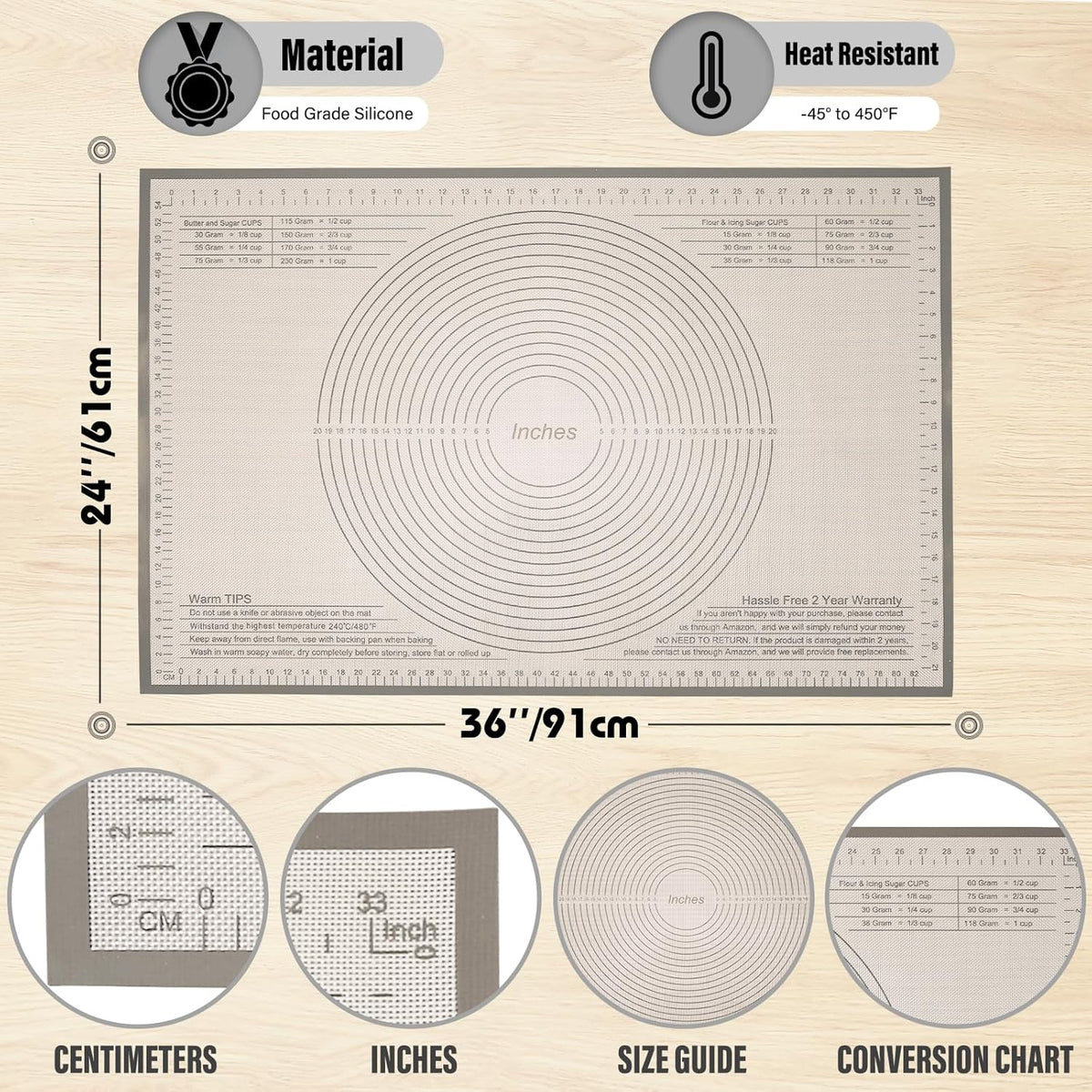 Silicone Pastry Mat 36x24 Inch - Nonstick Baking Mat Perfect for Dough, Pastry, Pie Crust, Fondant, Bread, Cookies, Pasta, Pizza