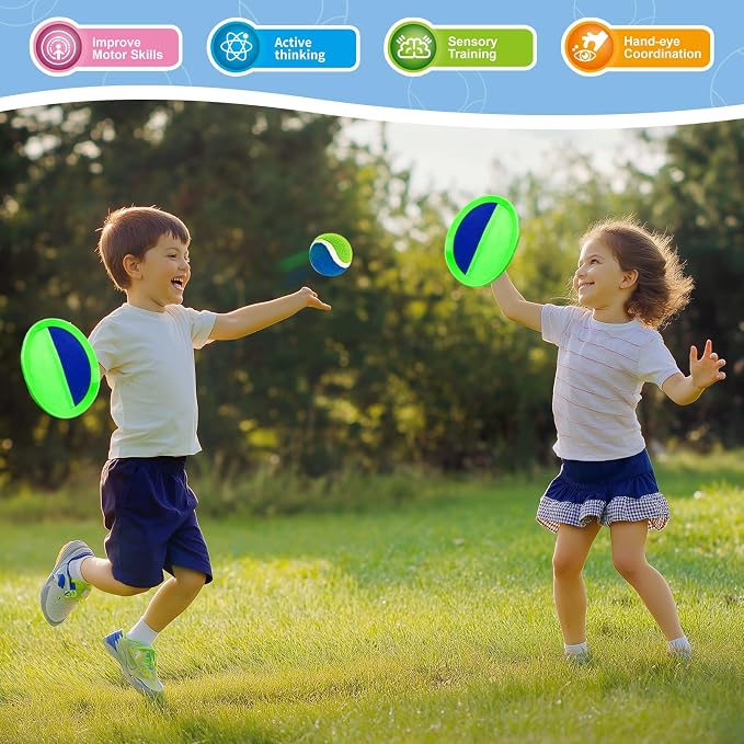 Toss and Catch Ball Set, Pool Beach Outdoor Toys Games for Kids Ages 4-8-12, 4 Paddles 4 Balls and Storage Bag, Summer Yard Outdoor Game for Adult Family, Birthday Easter Gift for Kids