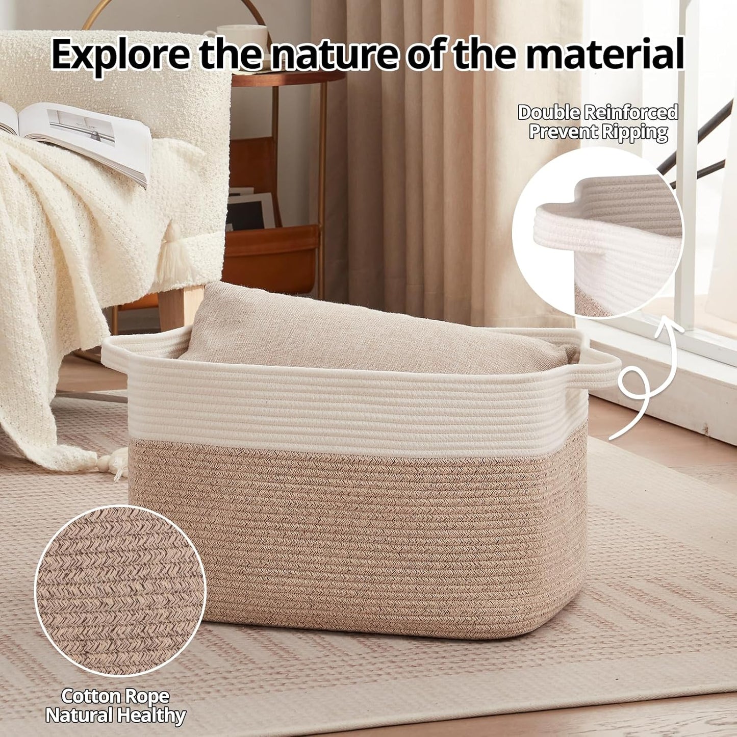 OIAHOMY 65L Blanket Basket, Cotton Rope Woven Blanket storage for Living Room, Rectangle Woven Baskets for Storage, 20''×16''×12'', Brown and White