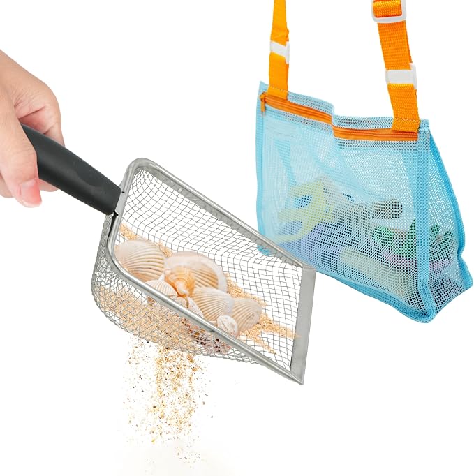 4E's Novelty 2X Shark Tooth Sifter for Beach with 2X Small Mesh Beach Bag for Shell Collecting, Metal Sand Scoop for Picking Up Shells - Beach Toys for Kids (2 Sets)