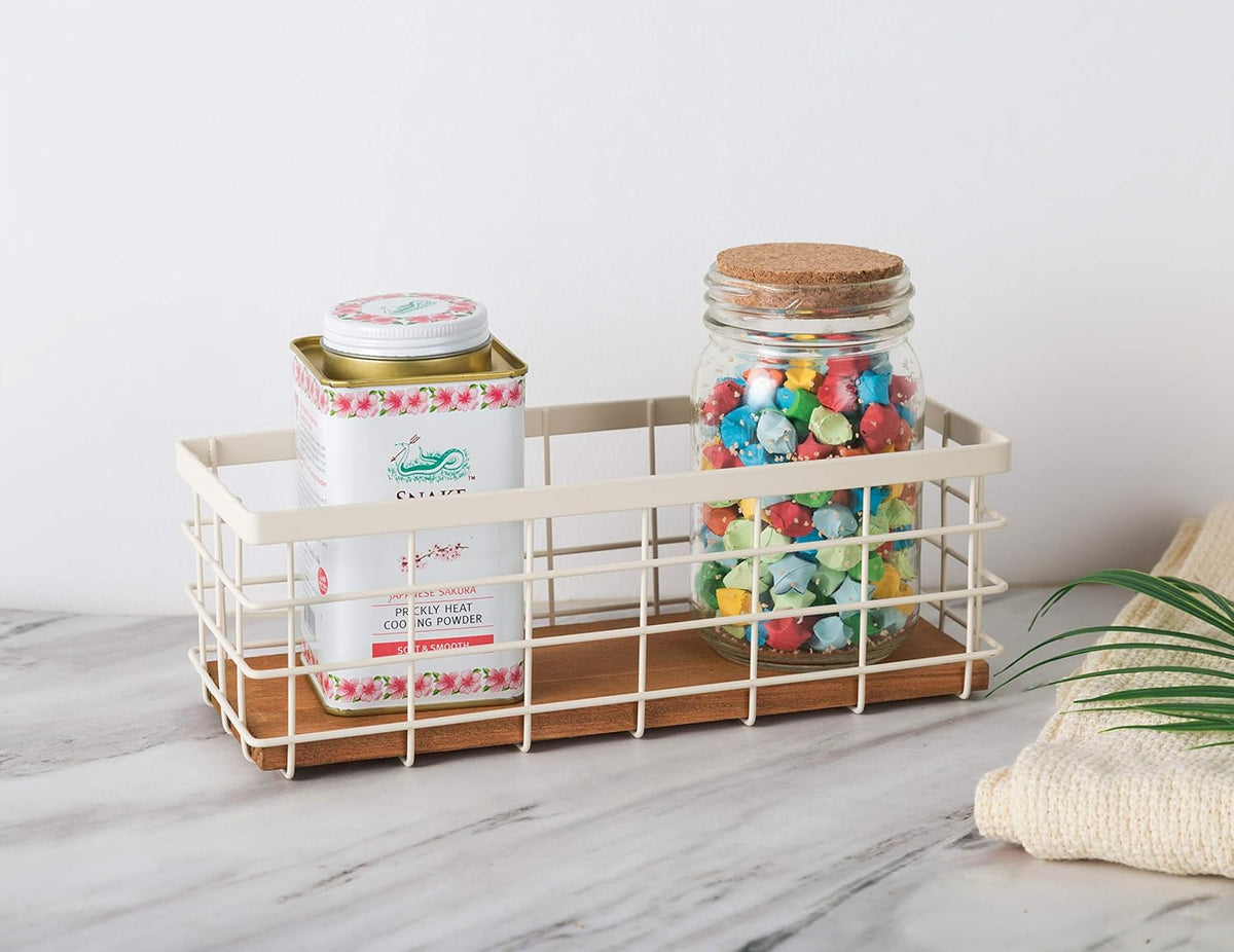 TIEYIPIN Small Metal Wire Storage Basket, Detachable Wood Base Storage Organizer Bin Basket for Kitchen Cabinets, Bathroom, Pantry, Garage, Laundry Room - Cream White