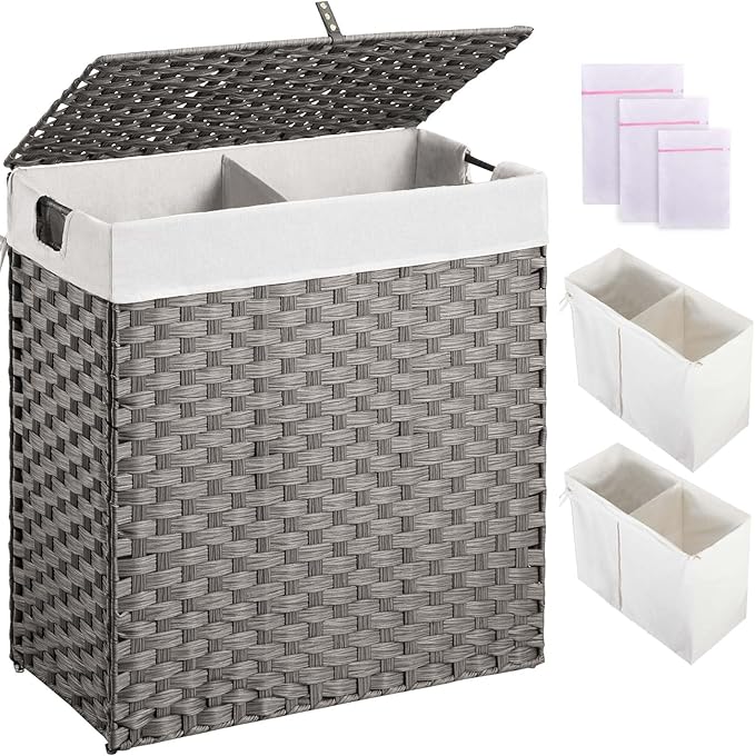 Greenstell Laundry Hamper with lid, No Install Needed, 110L Wicker Laundry Baskets Foldable 2 Removable Liner Bags, 2 Section Clothes Hamper Handwoven Rattan Laundry Basket with Handles, Gray