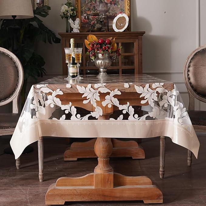 Vinyl Table Cloth Rectangle Clear Table Cover Protector with Block Printed Pattern Oil Spill Proof Farmhouse Rustic Plastic Table Covers for Dining Tables (Scroll Grass, 55 x 84 Inches)