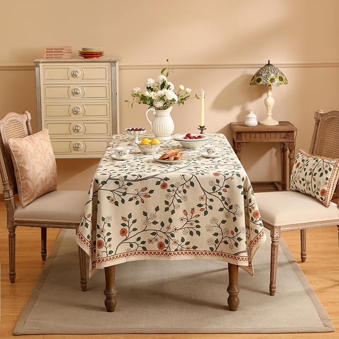 ISAENNE Designer Floral Table Cloth Rectangle,French Linen Light Beige Indoor Tablecloth,Fall Wrinkle Resistant Decor Tablecloths for Dining Thanksgiving Kitchen Party,55"*87"-Flora A