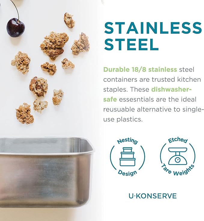 U Konserve Stainless Steel Rectangle Food Storage Bento Box Container, Leak Proof Silicone Lid Dishwasher Safe - Plastic Free, (25oz Clear)