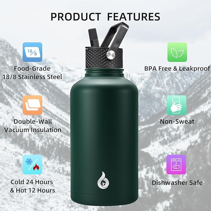 BJPKPK Half Gallon Insulated Water Bottles with Straw Lid, 64oz Large Water Jug, Stainless Steel Bottles with 3 Lids and Paracord Handle, Thermo for Hot & Cold Liquid, Army Green