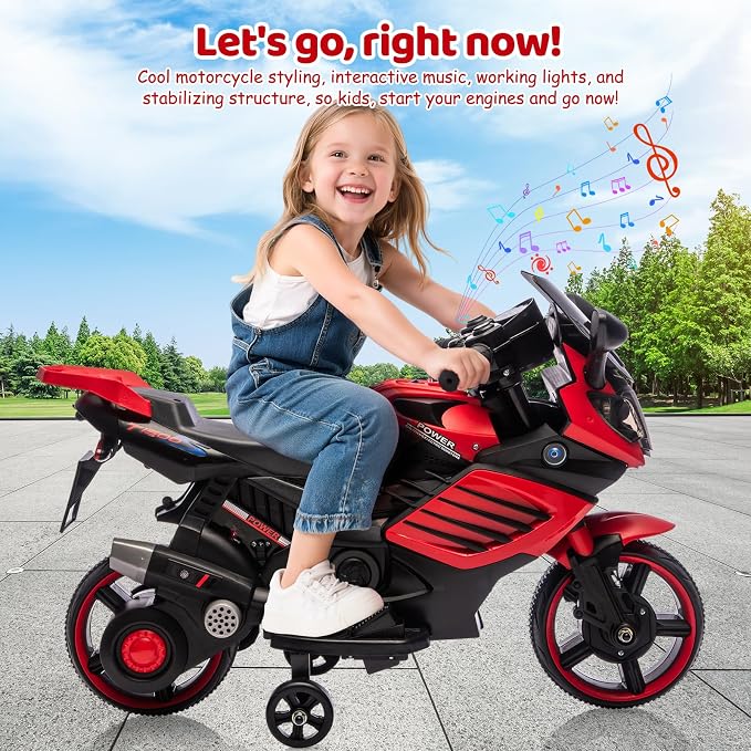 Garvee Kids 6V Ride On Motorcycle, Battery Powered Ride On Toys w/Treaded Tires, Working Headlight, Horn, Music, Training Wheels, Stable Electric Toddler Motorcycle for Kids, Gift for Boys Girls, Red
