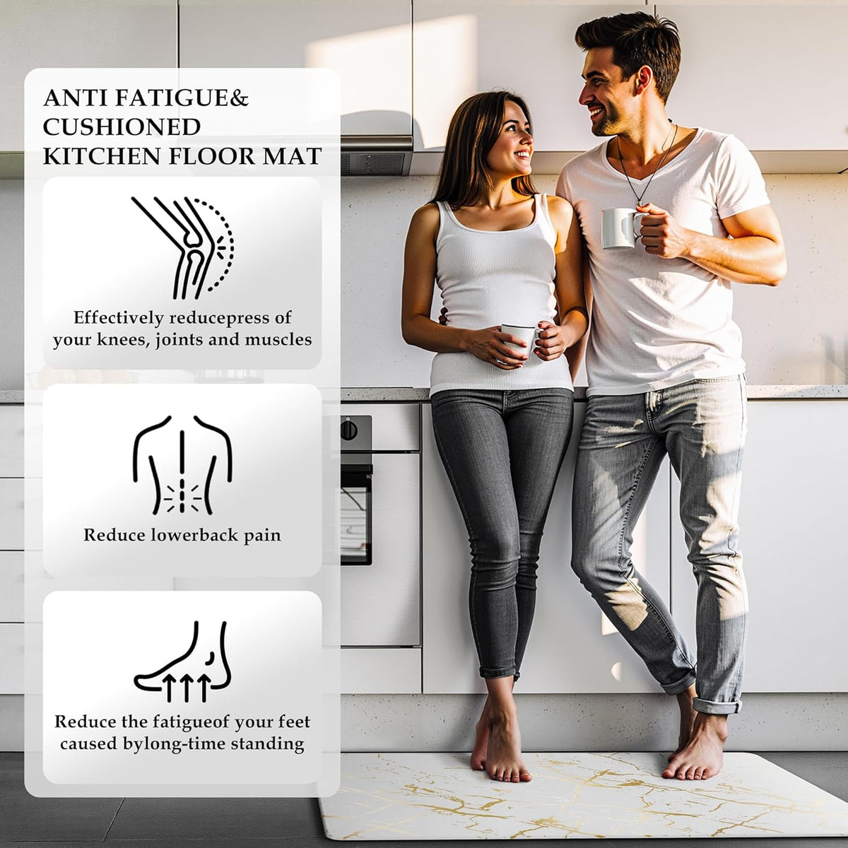 Gold Foil Stamped Marble Kitchen Mats for Floor 2PCS Cushioned Anti Fatigue Non Slip Waterproof Comfort Leather Kitchen Rugs 2/5 Inch PVC Kitchen Mats for Sink, Laundry, 17.3"x28"+17.3"x59",White