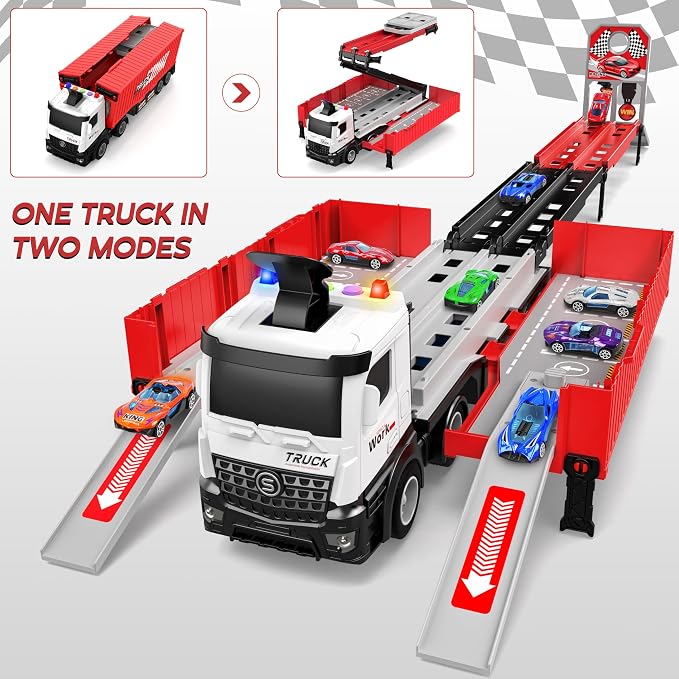 Carrier Truck Race Track Kids Toys, Foldable 3 Layer Toddler Track Playset, Toy Truck Transport Car Carrier & 8 Race Cars, Truck Car Toddlers Toys Xmas Gifts for Age 3 4 5 6+ Years Old Boys Girls