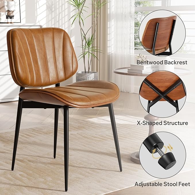 Dining Chairs Set of 2, Mid Century Modern Dining Room Chair, Upholstered Faux Leather Kitchen Chairs with Walnut Bentwood Back and Metal Legs for Kitchen Dining Room Living Room, Brown