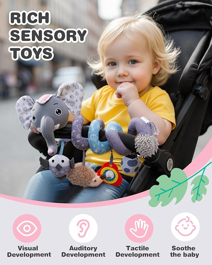 Jollybaby Crib Stroller Car Seat Toys for Baby 0-3-6-9-12 Months, Tummy Time Hanging Sensory Toys for Newborn with Music Box and Teether, Spiral Carseat Toy for Boys Girls Gifts (09-Sz Gray Elephant)