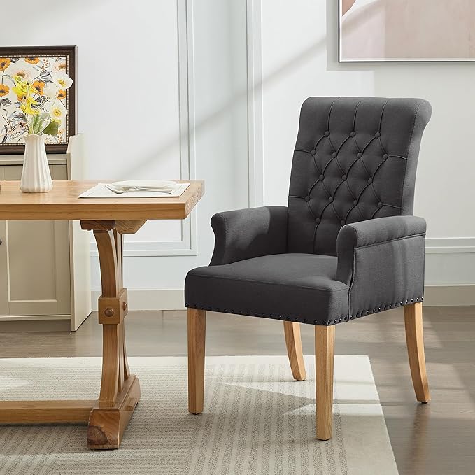 Fabric Dining Chair with Arms, Upholstered Tufted High Back Dining Room Chairs, Accent Armchair with Solid Wood Leg and Nailhead Trim, Kitchen Dining Living Room, Dark Grey