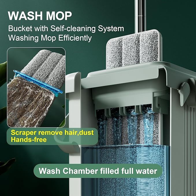 JOYMOOP Mop and Bucket with Wringer Set, Flat Squeeze Mop with Bucket (X-Large), Dust Mop for Wall Cleaner with Long Handle, Microfiber Mop - Green Bucket with 3 Reusable 15" Pads