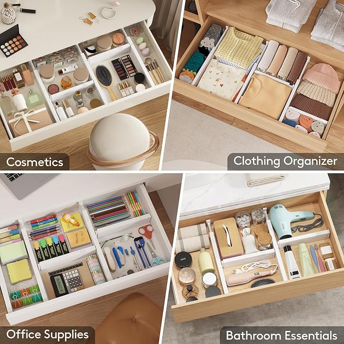 Lifewit 8 Pack 2.36" High Drawer Dividers 28-43.5cm/11-17" Adjustable Drawer Organizer for Clothes/Utensils, Expandable Drawer Separator in Dresser/Kitchen/Bedroom/Office Organization & Storage White