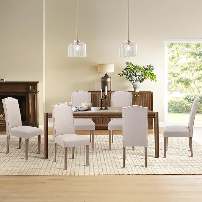 Upholstered Dining Chair Modern Stylish Parsons Kitchen Diner High Back with Silver Nailhead Trim & Wood Legs, Set of 2, Fabric Beige