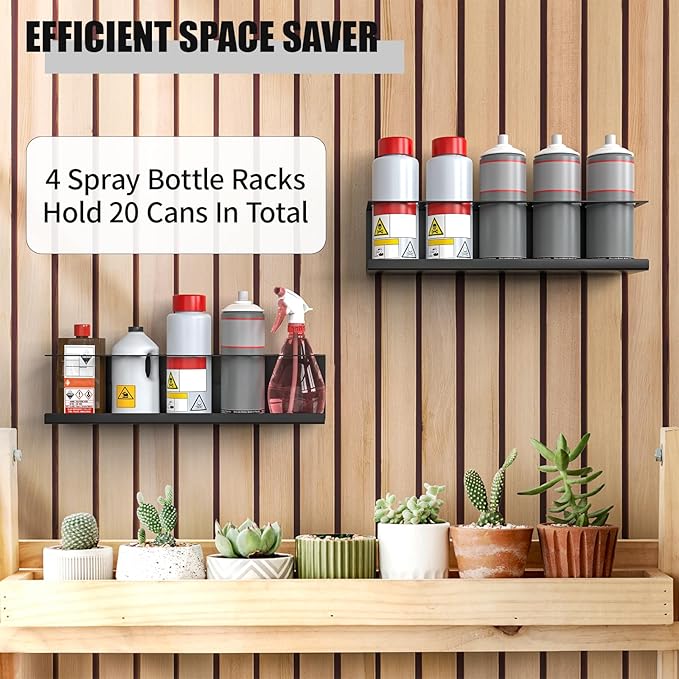 4 Pack Wall-Mounted Spray Bottle Holder, Aerosol Spray Can Holder Storage Rack, Heavy-Duty Paint Bottle Organizer With 20 Holes, Steel Black Spray Rack for Garage, Shop, Home or Tool Trailer