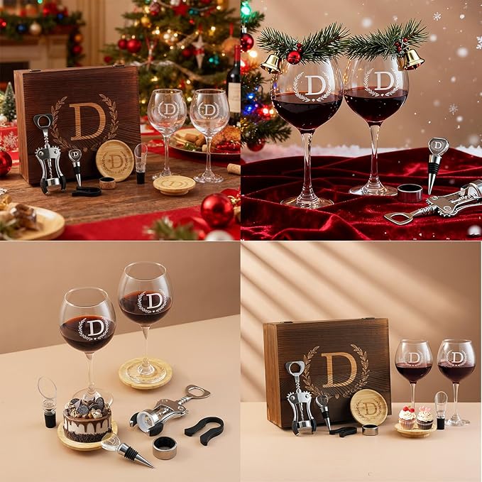 GZLDGIFTS Personalized Initial Wine Glasses Box Gift Set For Women Mom Engraved Birthday Monogrammed Wooden Christmas Gifts Wedding Anniversary Wine Couples Stopper Opener Initial Letterr (A Set)
